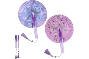 CYIOU 2 Pieces Hand Fan Folding Blue Purple Paper Fan Round Folding Fan Chinese Fan with Magnetic and Tassel Wedding Decoration Holiday Decoration Show Dance Party Home Decoration