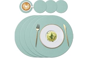 YUNJUER 4 Round Silicone Place mats(34cm) and 4 Coasters(10cm) Set, Heat-Resistant 450 °F Placemats, Non-Slip and Washable, Table Mats for Restaurant Indoor, Outdoor Glass Dining Table, (Light Green)