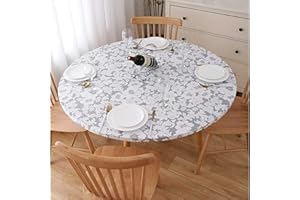 GRISHA Waterproof Round Tablecloth,Elastic Edged Fitted,Oilcloth,PVC,Wipeable,Outdoor circular plastic cover. (Grey Flowers, 95x112cm)