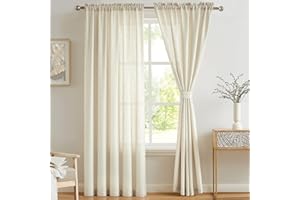 Melodieux 2 Panel Faux Linen Voile Net Curtains Semi Sheer Rod Pocket Drapes for Bedroom, Living Room, Window - Beige, 55 x 54 inch drop (140 x 137cm)