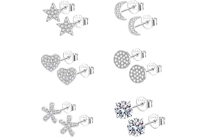 Epoch World Ohrstecker Silber 925 6 Paar 925 Sterling Silber Ohrringe für Damen Mädchen Frauen Hypoallergen Kleine Blumen Rund Herz Ohrringe Stern Mond Ohrstecker Zirkonia Knorpel
