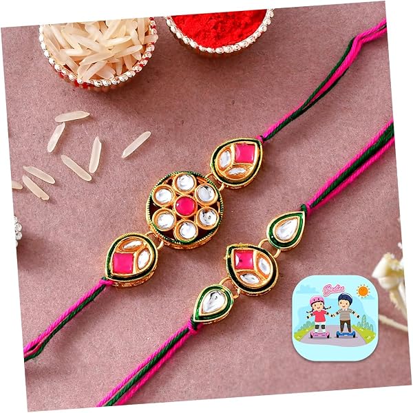Handmade Multicolor Kundan Rakhi Set For Brother & Bhaiya – 2 Rakhis With Roli Chawal
