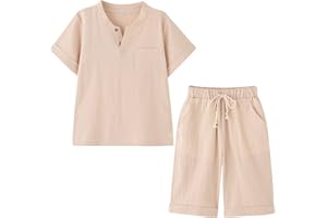 KISLOVE Boys' Summer Clothing Henley Collar Short Sleeve Shirt with Shorts Cotton Linen Set of 2 Children's Casual Outfits for 4-14 Years