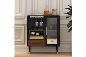 HOLTICO Drinks Cabinet, Black Coffee Bar Cabinet with Wine Glass Racks and 2 Drawers, Modern Wooden Buffet Sideboards for Living Room, Kitchen, Dining Room