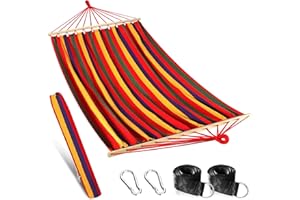 Anyoo Outdoor Garden Hammock with 120CM Wooden Spread Bars, Large Cotton Hammock with Portable Carry Bag and Hanging Straps, Perfect for Patio Yard Beach Camping Red