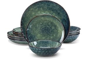 vancasso Starry Green Dinner Sets, Reactive Glaze Plates and Bowls Set, 12-Piece Crockery Set with 11in Dinner Plate, 8in Dessert Plate and 750ml Bowl, Service for 4