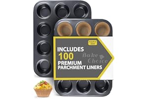 Bake Choice 2 Pezzi Standard Teglia Muffin con 12 Stampo Muffin,Inclusi 100 Pezzi Standard Pirottini in Carta, in Acciaio al Carbonio,Il Diametro Inferiore di Ogni Bicchiere di Carta è di 5 cm