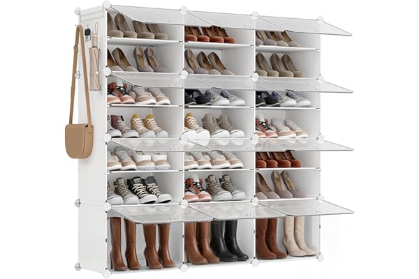 SONGMICS Étagère à Chaussures 12 Compartiments, Étagère de Rangement Modulable, Compartiment de 30 x 40 x 30 cm, Porte, Cadre en Acier, Plastique, pour Couloir, Chambre, Entrée, Blanc LPC040W01
