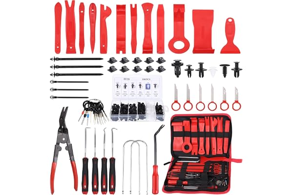 UNIDEAL 158 Pièces Outils De DéMontage De Garnitures Trousse, Installation Garniture Intérieure Outils avec Rivet Clips Plastique et Bandes de Câble pour Voiture Porte Panneau Tableau de Bord (Rouge)