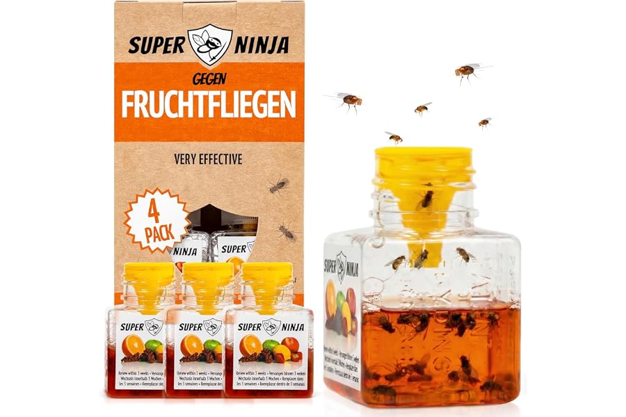 Super Ninja Fruchtfliegenfalle für Innenbereich – 4er-Pack, Wirksame Obstfliegenfalle für Haushalt und Küche, bis zu 3 Wochen