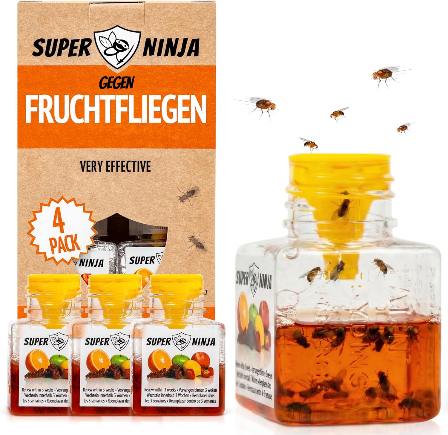 Super Ninja Fruchtfliegenfalle für Innenbereich – 4er-Pack, Wirksame Obstfliegenfalle für Haushalt und Küche, bis zu 3 Wochen Leistung pro Flasche, Kinder-und haustierfreundlich