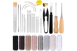 DIPEER 32 Pcs Leather Sewing Kit, Upholstery Repair Kit with 8 Colors Sewing Thread, Leather Sewing Needles, Awl, Scissors, and Seam Ripper, Leather Stitching Kit for Leather Sewing Repair Bookbinding