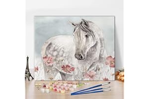 TISHIRON Pferd Malen nach Zahlen Blume Welpe Moderne weiße Tiermalerei für Erwachsene Kinder Wanddekoration mit Pinseln Acryl Pigment für Haus Wohnzimmer Schlafzimmer Büro Wanddekor 16 "x20
