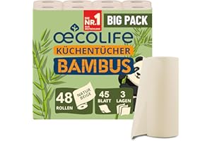 ‎ŒCOLIFE œcolife Küchentücher BAMBUS, 48 Rollen, 45 Blatt pro Rolle, 3-lagig, ungebleichter Bambus Zellstoff mit anti-bakteriellen Eigenschaften