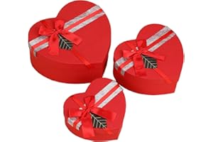 HWX MEDIA Heart Shaped Box - 3 Pack Nested Gift Boxes with Ribbon Bow, Red Cardboard Heart Box for Gifts - Outside size 20cmL x 21.5cmWx9cmD