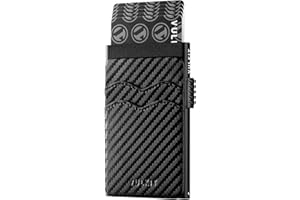 VULKIT Etui na karty typu pop up, wąski portfel z dodatkowymi skórzanymi przegródkami na karty, blokowanie RFID, metalowe, minimalistyczne etui na karty, dla mężczyzn lub kobiet, Włókno węglowe czarne, S, Nowoczesny