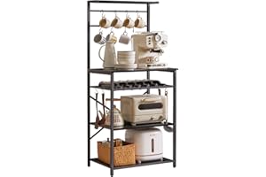 YMYNY Kitchen Baker's Rack, Microwave Oven Stand with Storage Shelves, Industrial Coffee Bar Station, with Adjustable Wine Holders and S-Hooks, Metal Frame, Black, 59 x 40 x 143CM HBR001B