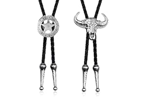 ZYETGH 2PCS Cowboy Necklace, Vintage Bolo Tie Mens Leather Necklace Unisex Wild West Theme Cowboy Accessories (Pentagram and Bull Head)