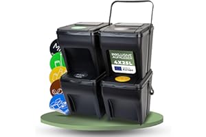 Novaliv Mülltrennsystem Set - 4x 25L Mülleimer Trennsystem - Mülleimer 4 Fächer - Mülltrennsysteme stapelbar - Mülltrennung Recycling Behälter - Abfalltrennsystem - Müll Organizer Müllsortierer