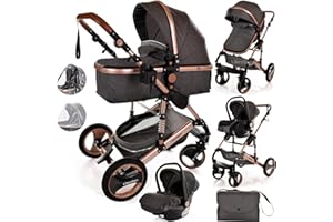BAYOBAY Baby Stroller 3 in 1 Pram Pushchair Buggy Child Lightweight Folding Stroller 3 in 1 Travel System Pram for Newborns Toddlers 0-36 Months from Birth Aluminium (Grey - Rose Gold Frame)