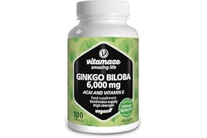 VITAMAZE - AMAZING LIFE Ginkgo Biloba Capsules 6000mg with Acai, L-Carnitine and Vitamin E - 100 Days Supply - Memory and Energy Booster - Gingko Biloba Extract 50:1 - Supplement Without Additives