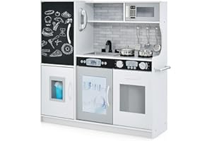 Maxmass Kids Play Kitchen, Wooden Children Pretend Kitchen with Ice Maker, Telephone, Chalkboard, Double Stoves, Dishwasher, Cookware Accessories, Toddler Boys Girls Cooking Toy Playset (Offwhite)