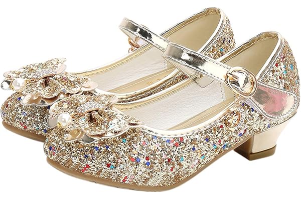 Monissy Princesse Chaussures Enfant Fille Cendrillon Sandale Talon Haut Paillette Brillante Perle Crystal Noeud Papillon Scratch Pendentif Métal Mariage Soirée Anniversaire
