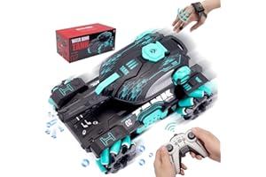 Bindove RC Stunt Tank with Light, Watch Gesture Sensor RC Tank Toy, 360 Rotation Remote Control Stunt Car Shooting Water Bullets, Gifts for Children (Cyan)