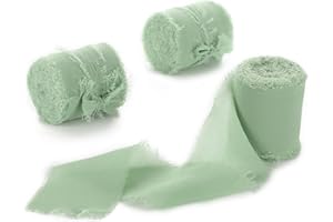 FREEASY Sage Green Chiffon Ribbon 3 Rolls 1.5 inch X 5 Yard Light Green Handmade Fringe Silk Ribbon Set for Gift Wrapping, Wedding Invitations, Bridal Flower Bouquets, Baby Shower, DIY Crafts