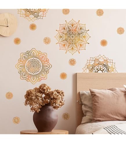 Sticker Murale Mandala Bohème - 2 Pièces 30x90 Cm - Déco Chambre, Salon, Yoga - Autocollant Fleurs Plantes - Amovible