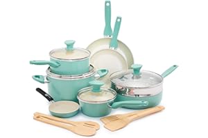 GreenPan Rio Set di Pentole e Padelle Antiaderente in Ceramica Sana 16 Pezzi, Include Padelle, Casseruole, Utensili, Senza PFAS, Manico Fredda al Tatto, Sicuro in forno fino a 160°C, Turchese e Crema