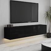 T0020 Alston 3 Cover Wall Mounted TV Unit with &ndash; LED Lights, Modern Design, 160 cm, Bright Black