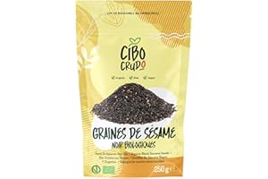 CIBO CRUDO CRUDO BIOLOGICO VEGAN Graine de Sesame Noir Bio - 250g. Graines de Sésame pour Sushi Crus non Grillés. Riche en Vitamines et Sels Minéraux. Graines de Sésame Noir Pur sans Additifs.