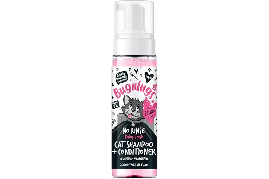 Bugalugs No Rinse Cat Shampoo & Conditioner with Baby Fresh Fragrance. Brush through, for cats and kittens. Foam action grooming dry shampoo kitten (200ml No Rinse Shampoo)