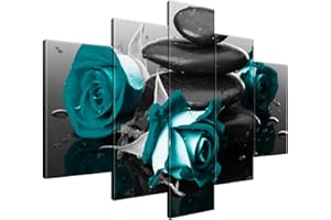 Estika Leinwand bilder - Türkis Rosen auf Spa-Steinen - 150x105 cm, 5 teilige kunstdruck - Wandbilder wohnzimmer, schlafzimmer, Moderne wanddeko, Bild auf leinwand - Blumen bilder - 2553A_5H