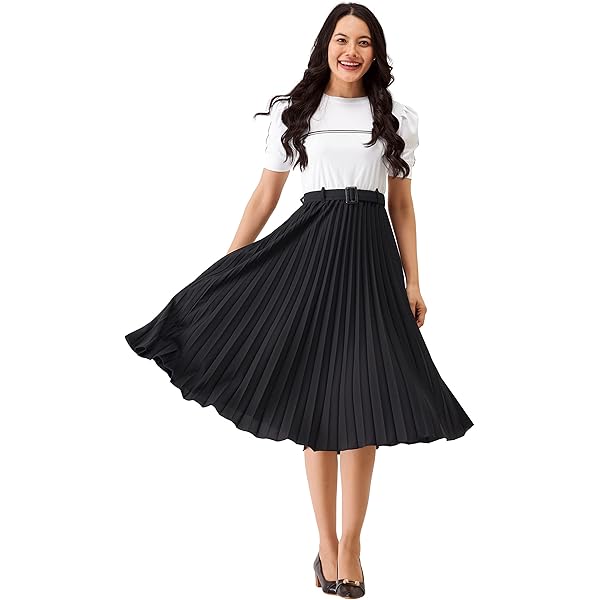 Buy CHICWISH Women's Black Gradient Pleated Splicing Belted Knit Midi Dress,  Black, X-Large at Amazon.in