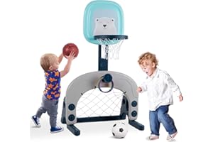 HADWIN Basketball Hoop Set, 3-in-1 Kids Basketball Stand Sports Activity Center Ball Games Adjustable Easy Score Basketball Hoop, Football / Soccer Goal / Ring Toss, Best Gift for Toddlers Kids Boys & Girls