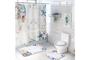 Enhome Juego de 4 Piezas de Alfombra de baño Antideslizante + Tapa de Inodoro + Alfombrilla de baño + Cortina de Ducha, Mundo de los Fondos Marinos (Starfish D)