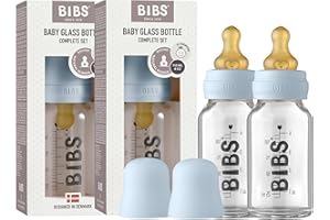 BIBS Baby Glass Bottle 2-Pack 110ml. Anti-Colic. Vented Round Natural Rubber Latex Teat. Supports Natural Breastfeeding, Complete Set - 110 ml (Pack of 2), Baby Blue