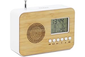 mooov 477320 - Radio Reloj Despertador Digital a Pilas, bambú, con Pantalla de Temperatura Interior, sintonizador FM, función autoapagado
