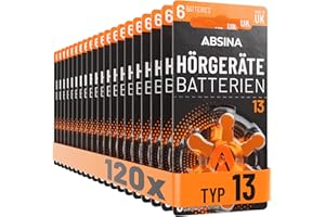 ABSINA Hörgerätebatterien 13 120 Stück mit gut greifbarer Schutzfolie - Hörgeräte Batterien 13 Zink Luft mit 1,45V - Typ 13 Batterien Hörgeräte Orange - PR48 ZL2 P13 Hörgerätebatterien