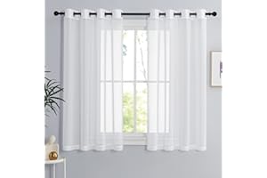 PONY DANCE Cortinas Dormitorio Cortas Cortinas y Visillos Blancos 2 Piezas Cortinas Translucidas Salon con Aspecto de Lino Cortinas Cocina Ventana con Ojales, 140x145cm, Blanco