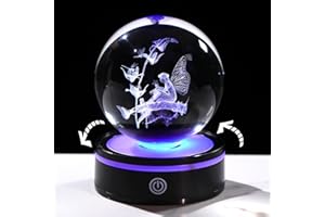 Arikyrist 8cm/3.15in. Crystal 3D Fairy Witchcraft Ball Gifts for Women Daughter, Collectible Witchy Sphere Tinkerbell Figurine Presents with Rotatable Light Base for Fairy Lovers on Birthday Ornaments