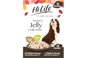 HILIFE it's only natural - Wet Dog Food - The Luxury Jelly Collection - Chicken Breast, Beef, Carrots, Peas - 100% Natural Grain Free, 15 Pouches x 100g
