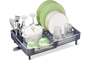 SAYZH Scolapiatti, Scolapiatti da Appoggio, Scolapiatti Salvaspazio Espandibile Di Grande Capacità in Acciaio Inossidabile con Porta Utensili Porta Tazze per Bancone Della Cucina (Grigio)