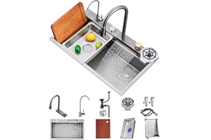 FIVIXIL Fregadero de cocina rainfall single groove con grifo extraíble, lavavajillas presurizado, tabla de cortar, cesta de drenaje y otros accesorios (68 * 45 * 21cm, El gris)