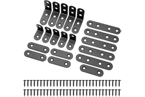 JUYIBAAO 10 Soportes de Esquina en Forma L y 10 Soportes Largos y Rectos Planos, Placas de Unión de Metal de Acero Inoxidable con 60 Tornillos para Madera, Estantes, Muebles, Ventanas y Armarios, Negro