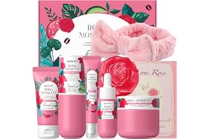 QUIYUM Coffret Set Soin Visage à la Rose Musquée, Kit Hydratant 7 Pièces pour Femmes avec Gel Nettoyant, Tonique, Sérum, Crème Contour des Yeux, Crème Hydratante, Savon Visage et Bandeau pour Cheveux