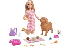 Barbie Perritos recién Nacidos Muñeca Rubia con Perrito y Accesorios de Juguete, Regalo para niñas y niños +3 años (Mattel HCK75)