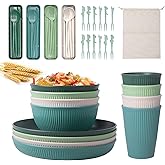 45Pcs Camping Cutlery Sets for 4, Plastic Dinner Set, Camping Plates and Bowls Set with Carry Bag, Unbreakable Picnic Tablewa